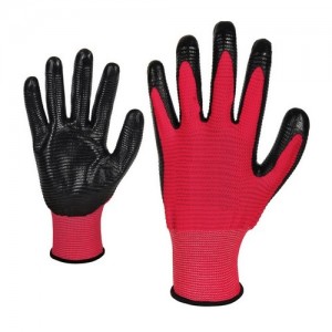 Работни ръкавици топени в нитрил черно/червено
